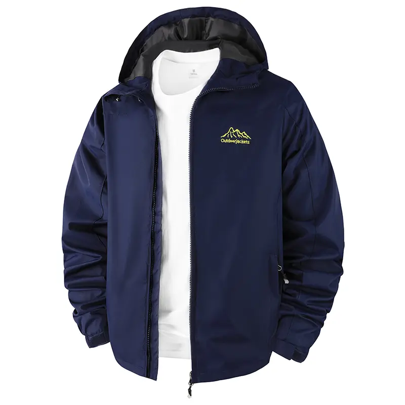Men’s outdoor hooded hardshell jacket with mountain print, windproof and waterproof, lightweight functional outerwear for hiking and casual wear
