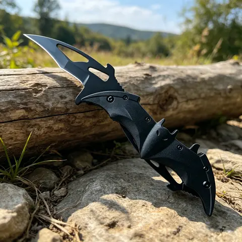 Black Bat-Shaped Handle Folding Knife - Sharp Double-Blade Fruit & Vegetable Knife for Camping, Fishing - Ideal Outdoor Sports Accessory Gift