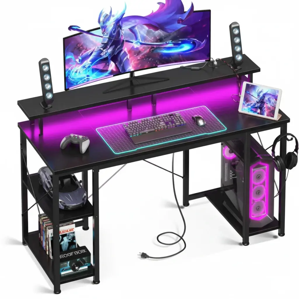 Gaming Desk with LED Lights and Power Outlets, 48 inch Computer Desk Storage Shelves, Home Office Desk , Black 48-inch gaming table, equipped with LED lighting and power socket, featuring monitor stand, application control device and headphone hook