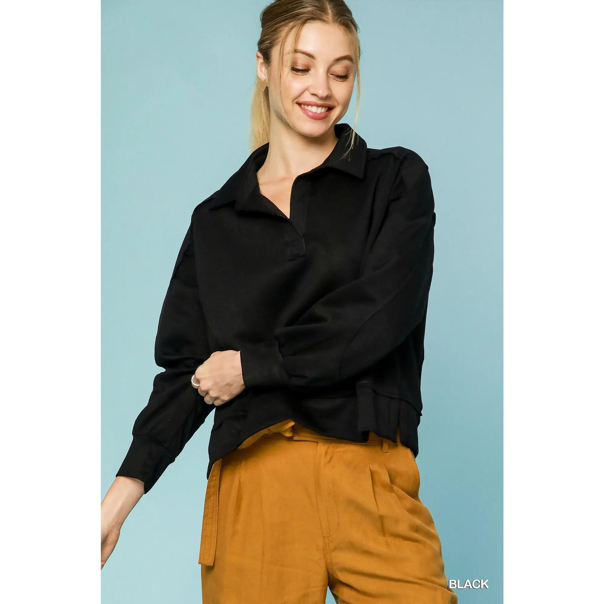 Umgee Collared Neck Long Sleeve Top with Raw Hem Detail