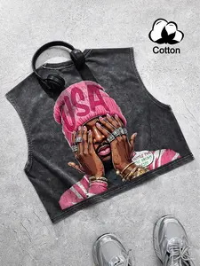 Men's American street style portrait vest, vintage distressed washed fabric, cotton vest, loose cropped street style hip-hop graphic vest, vintage distressed, American street style, hip-hop style, unique, unisex, couple's outfit, holiday gift, Streetwear.