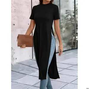 tiktokLUNESolidSplitThighLonglineTee