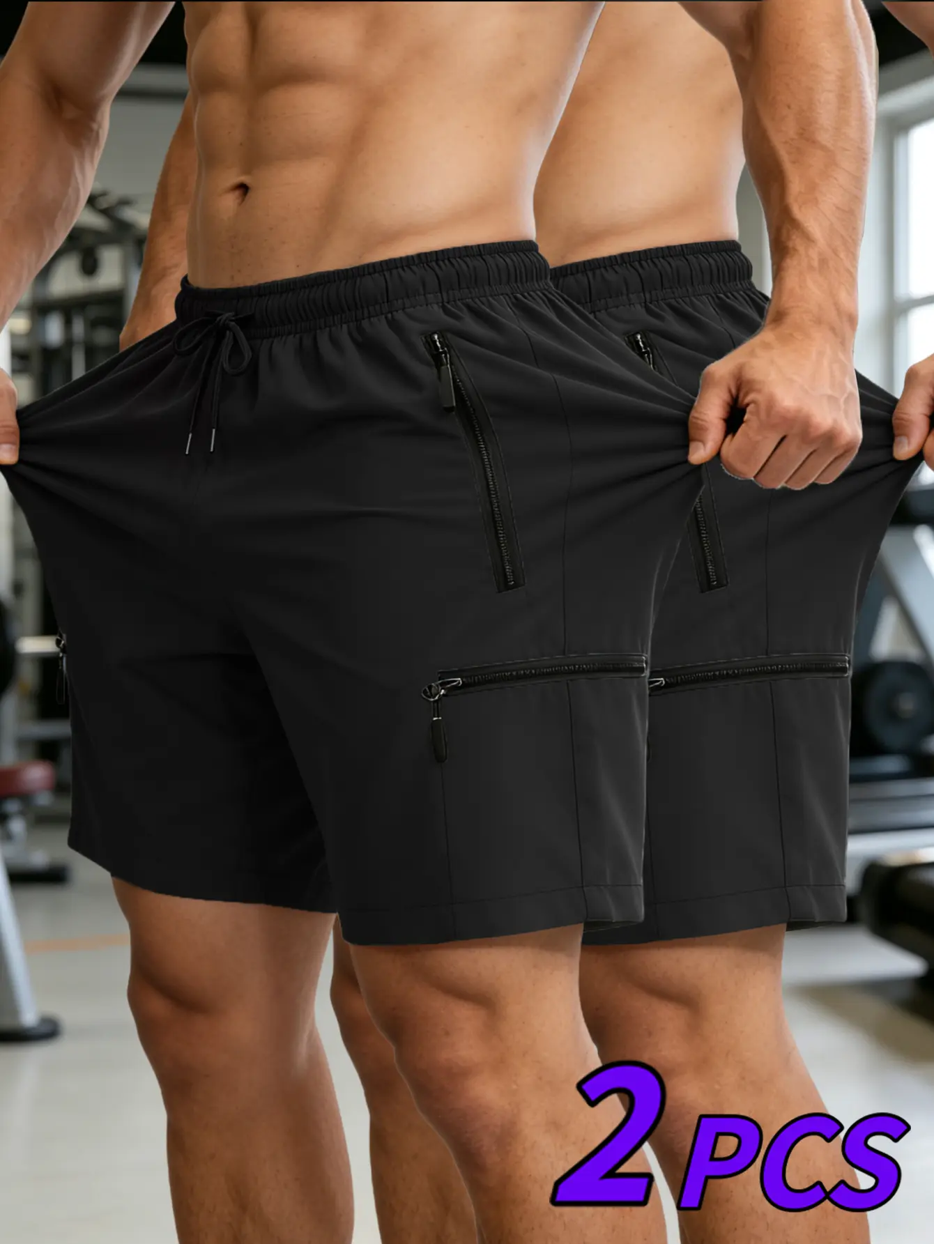 Men's 2-Pack Quick-Dry Activewear Shorts - 4-Way Stretch Polyamide, Zipper Pockets, Loose Fit, Breathable, Flexible, Non-See-Through for Hiking, Running, Ergonomic