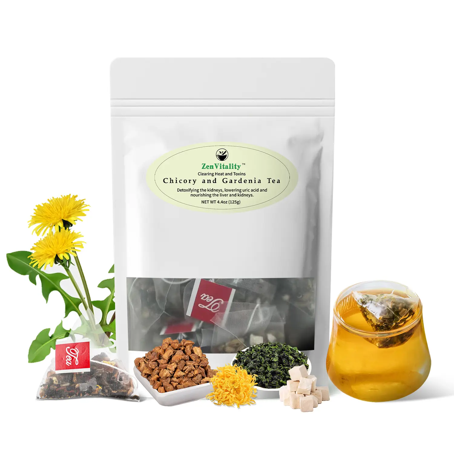 ZenVitality: Chicory and Gardenia Tea 25 Tea Bags per Pack - a Natural Blend of Eight Herbal Ingredients 125g per Pack Beverage Organic