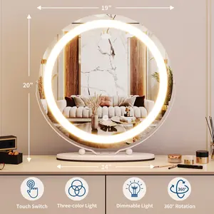 Black Metal Frame Round Vanity Mirror, 19 Inch LED Lighted Makeup Mirror with 3X Magnification, 360° Rotatable & Touch Control 3-Color Dimmable Lights, Modern Cosmetic Mirror for Bathroom Bedroom Decor