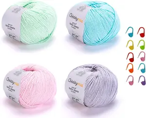 4 Balls Different Color Cotton Yarn Pack & 10 count Stitch Markers Soft Yarn for Knitting & Crochet - 4X (50gr / 175yds) - (2) , Fine Weight  Yarn for Amigurumi (H11 - Pastel-2)
