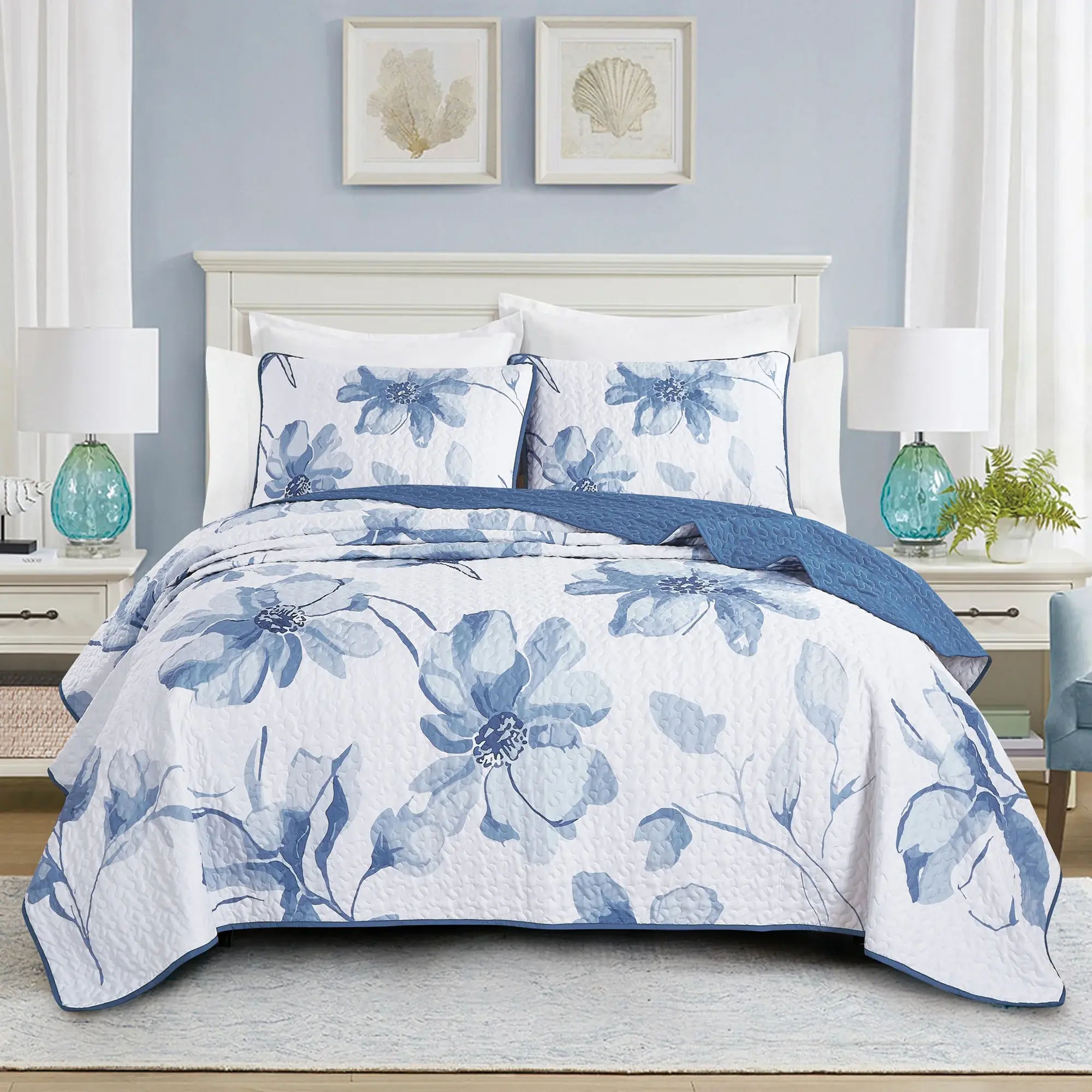 3 Pieces Floral Botanical Quilt Bedspread Set - Reversible, Lightweight Coverlets for Bedroom