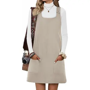 Yousify Womens Corduroy Overall Dress Square Neck A Line Jumper Mini Dresses Casual Sleeveless Rompers with Pockets