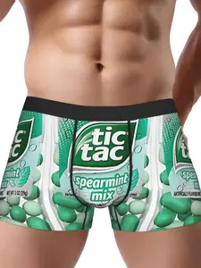 Men'S Candy Graphic Boxer Briefs - Stretchy Underwear with Mint Green & White Candy Design, Comfortable & Breathable for Casual Wear, Novelty Underwear, Playful Design, Medium Elasticity
