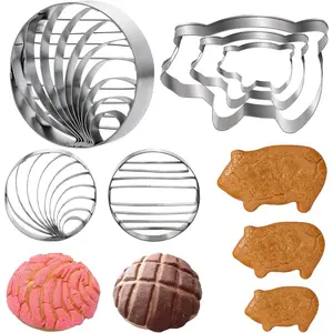 Mexican Bread Concha Cutter and Pig Cookie Cutter Set With 3 Sizes, Two-Sided Concha Stamp Mold For Pan Dulce, Cookie Stamps for Baking, Large, Silver