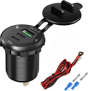 V USB Outlet Wire USB Charger Multi Port, Dual PD.USBC and Quick Charge.Car Port Socket IP Waterproof, Fast Charge for Phone lPad Android Phones, Suitable for Car Boat RV Marine ATV