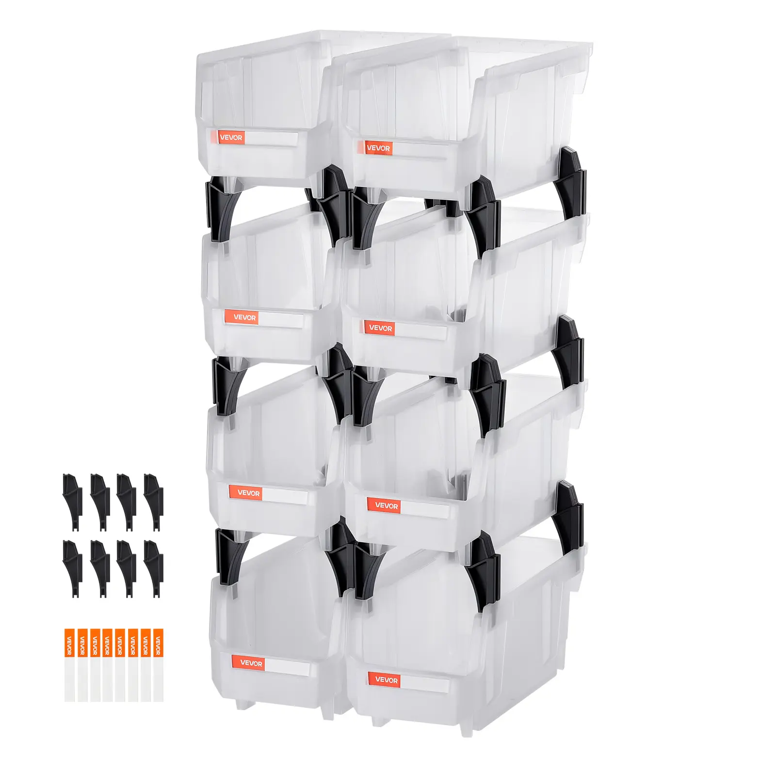 VEVOR 8-Piece Rectangular Transparent Plastic Stackable Storage Boxes, 10.9x5.5x5.1" Bins with Label Stickers & Reinforced Pillars for Desk, Garage Organization, Kitchen Pantry, Bedroom Small Items, 8-Pack
