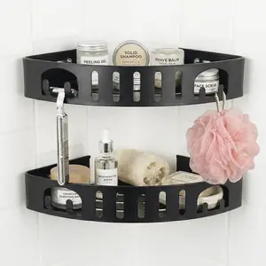 Corner Shower Shelf No |   Rust-Aluminum Alloy Stick On Organizer with Shaving Holder for Shampoo, Conditioner, Soap, Razors Black 2Pack