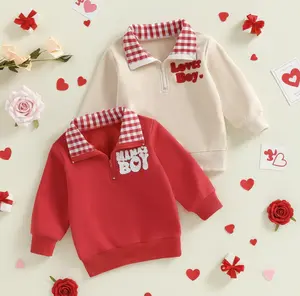 Toddler Boy Valentine's Day Sweatshirt  Embroidery LOVER BOY Long Sleeve Lapel Zip Front Pullover Loose Tops for Spring