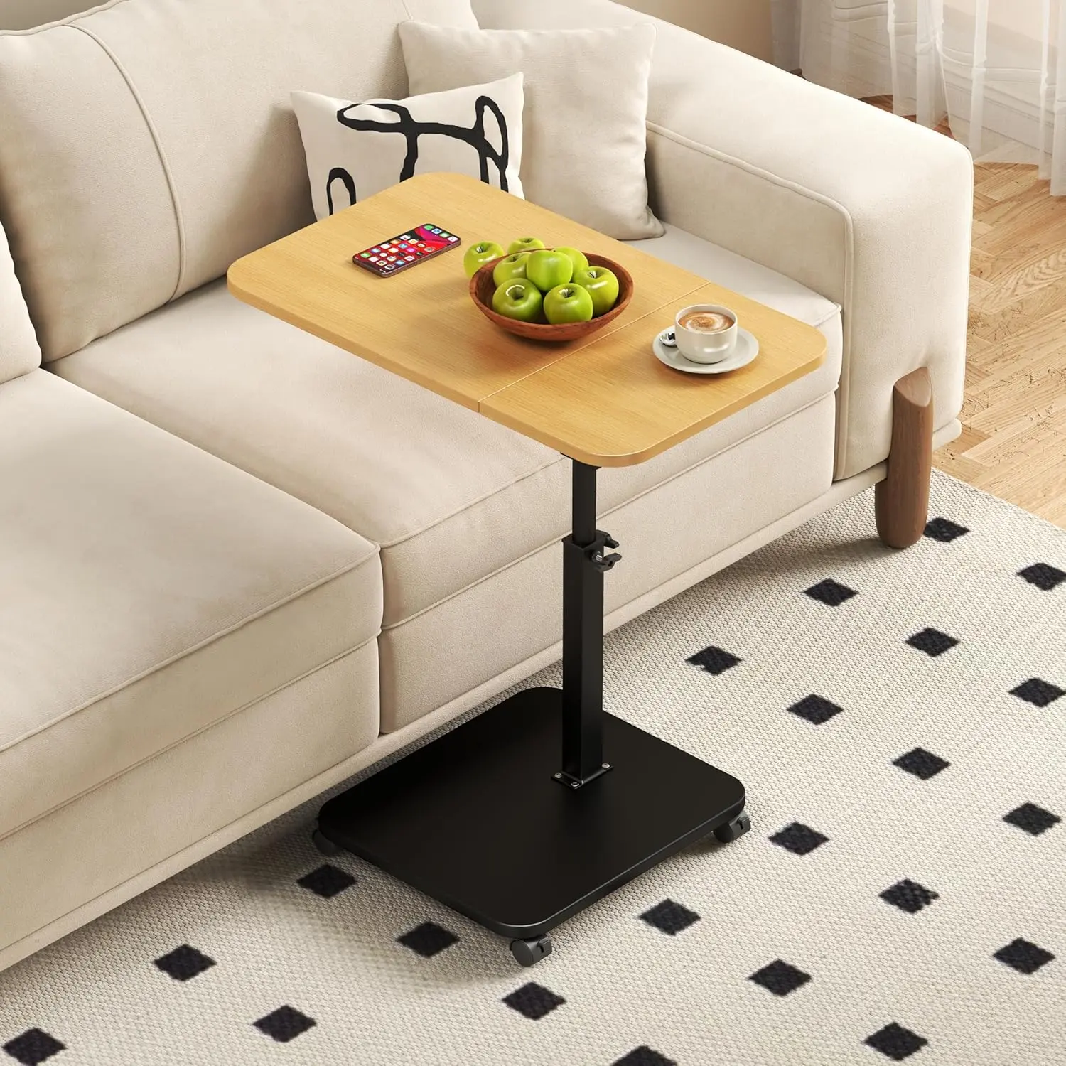 Adjustable Height C-Shaped End Table with Wheels, 180° Swivel Sofa Side Table, Mobile TV Tray Standing Desk for Small Spaces for Living Room Bedroom