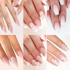 144 Pcs Press On Nails (6 Packs) | Nude Pink & White French Tip Designs | Almond & Coffin Shapes | Soft Floral, Glitter Accent & Minimal Line Art | Reusable Stick On Nails with Jelly Glue | 12 Sizes