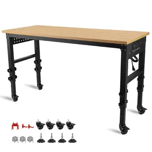 60" ×24'' Adjustable Workbench Heavy-Duty with Power Outlet and Wheels Large Load Capacity Rubber Wood Top