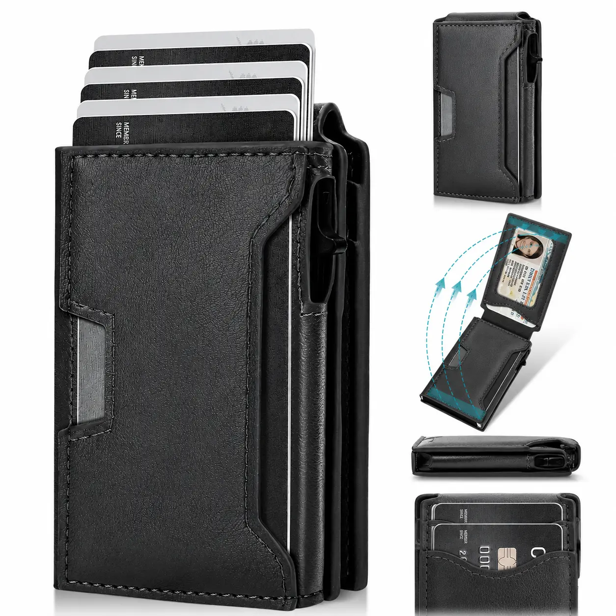 Slim RFID Blocking Wallet for Men, Pop Up Card Holder with One Click Quick Access, Minimalist Leather Wallet with ID Window, Ultra Thin Front Pocket Wallet for Everyday Carry (Black)