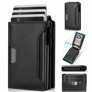 Slim RFID Blocking Wallet for Men, Pop Up Card Holder with One Click Quick Access, Minimalist Leather Wallet with ID Window, Ultra Thin Front Pocket Wallet for Everyday Carry (Black)
