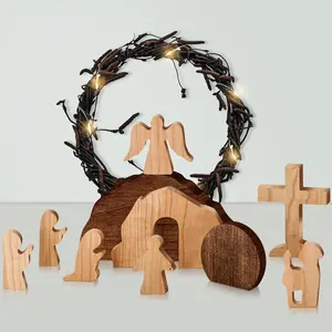 10 count Religious Easter Decorations Easter Scene Wooden Resurrection Tomb Scene Set Wooden Tomb Decoration Nativity Set Spring Christian Figurine for  Office