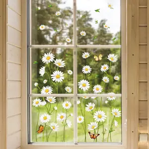 123Pcs Spring Summer Daisy Window Clings Butterfly Floral Window Stickers Double-Side Flower Glass Decals for Home Office School Classroom Party Shop Display Decorations,9 Sheets