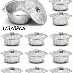 Aluminum Foil Cake Cups with Lid, Disposable Round Aluminum Pot, Food Container for Travel, Camping, Baking, Heating, Cooking, Party Use, Bakeware
