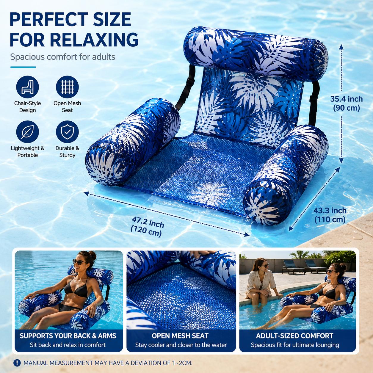 Tropical Print Water Hammock Pool Float Chair for Adults, Comfort Floating Lounger with Mesh Seat, Padded Headrest & Armrests, Foldable Pool Lake Beach Floating Seat for Summer Fun