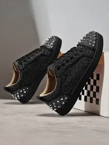 1 Pair of Men's Rivet & Graffiti Skate Shoes| Punk High-Street Style | Metallic Spike Studs + Floral Graffiti Upper + Wear-Resistant Red Sole | Streetwear & Party Outfits, Eye-Catching Luxury Casual Trainer Shoes