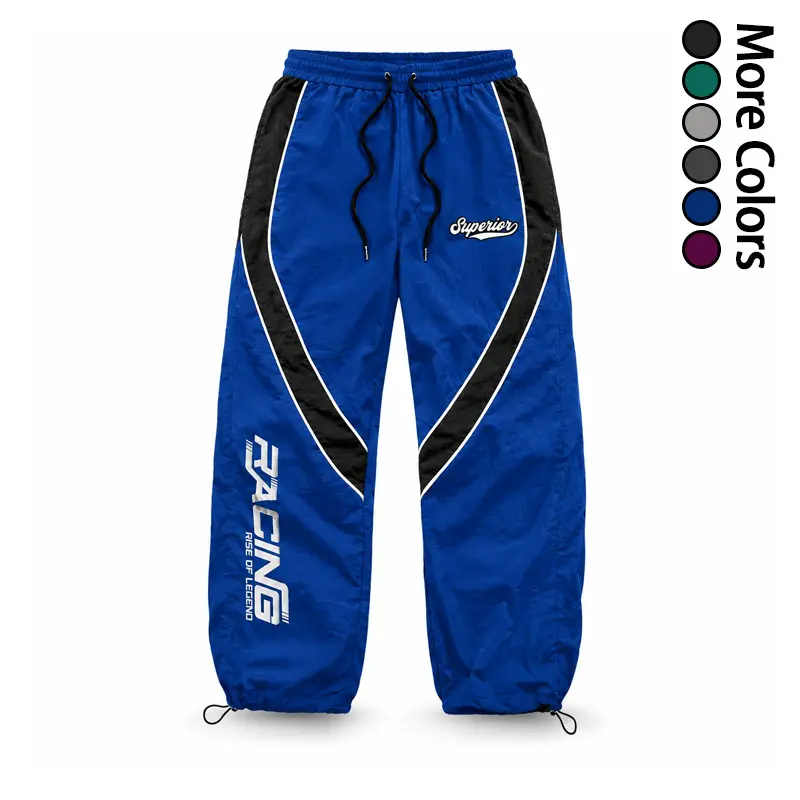 Men’s letter-print pants with adjustable drawstring waist, loose wide-leg streetwear design, long windbreaker-style trousers