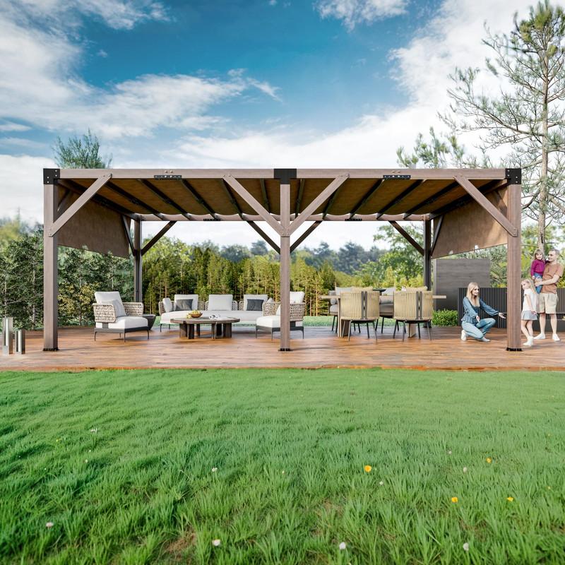 12 Ft x 20 Ft x 7.5 Ft Cedar Pergola Outdoor Wood Pergola with Canopy, Solid Structure Shelter for Deck, Garden, Backyard, and Lawn (Reddish-Brown)