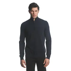 NAVY SILK TENCEL QUARTER ZIP KNITTED SWEATER PM-16222