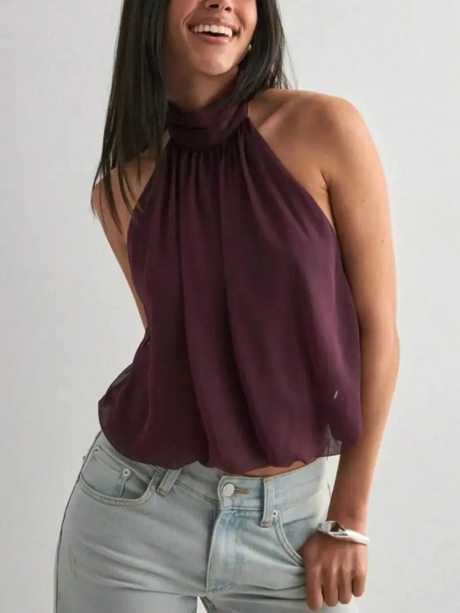 NEW Women Cute Puffy Halterneck Top Sleeveless Open Back Tank Tops Fashion Button Neck Crop Tops Summer Y2K Loose Vest Party Streetwear Going Out Outfit