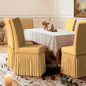 2D Flat polyester skirted dining chair cover (with skirt). Pure color, versatile and simple design. Light yellow elastic skirted chair cover. Suitable for use in family restaurants / hotels / venues / holiday gatherings, etc. Easy to install and washable.