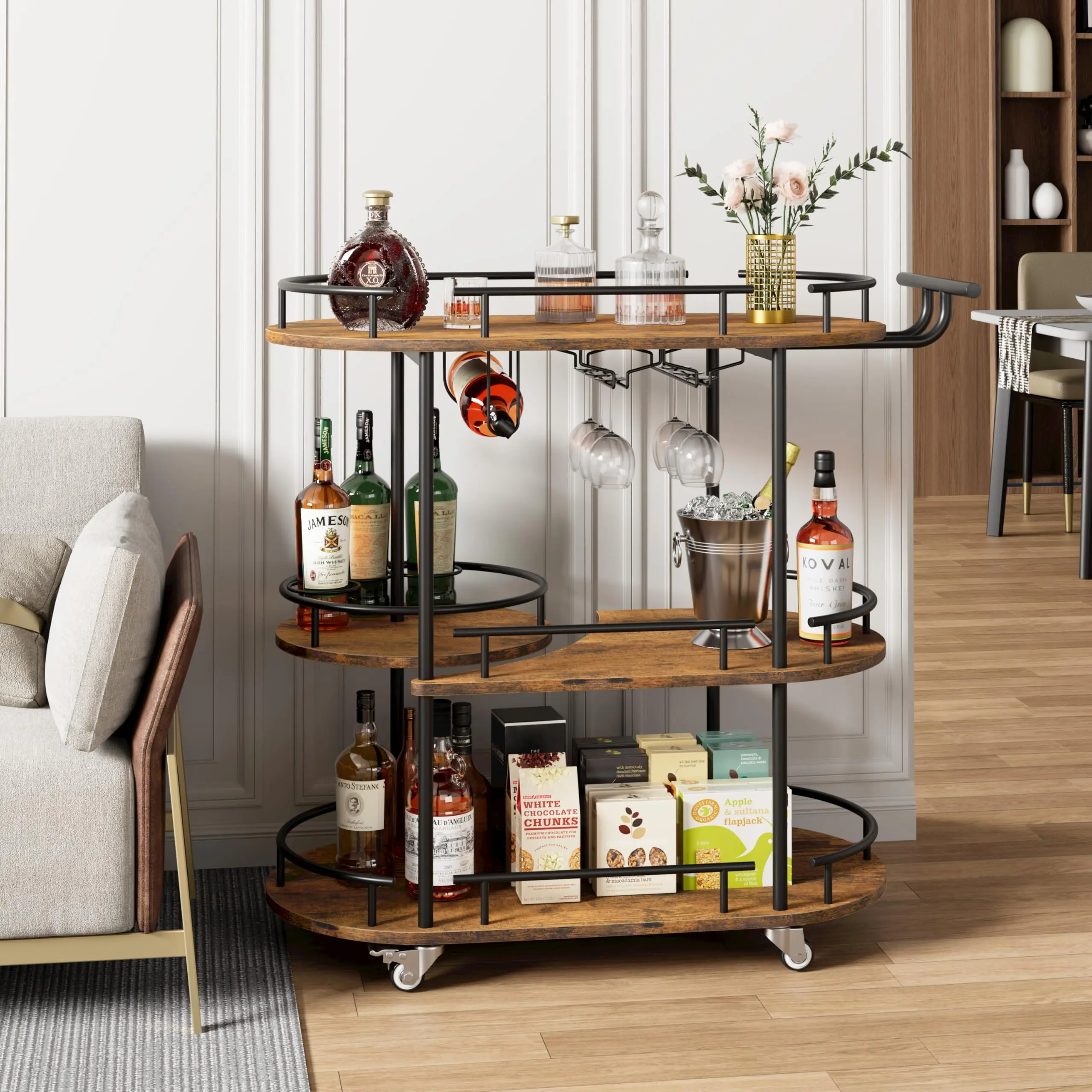 3-Tier Bar Cart on Wheels, Mobile Serving Cart with Wine Rack and Glass Holder, Metal Kitchen Utility Cart for Coffee Station, Mini Home Bar, Dining Room