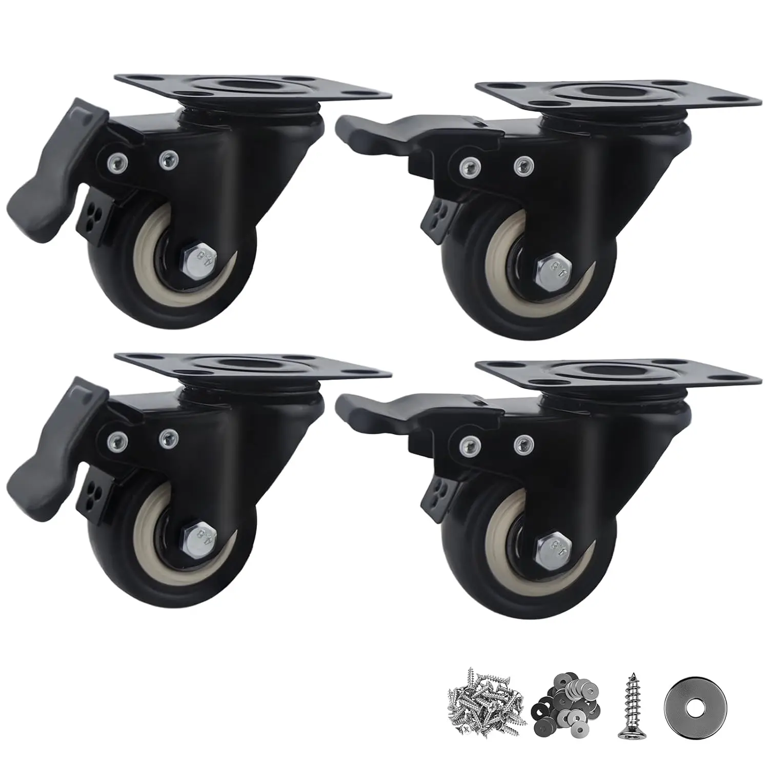 2-Inch Universal Casters with Screws, 4-Piece Heavy-Duty Metal Cart Wheels with Brake, No-Noise PU Furniture Moving Wheels, 800lbs Load Capacity for Furniture, Workbench