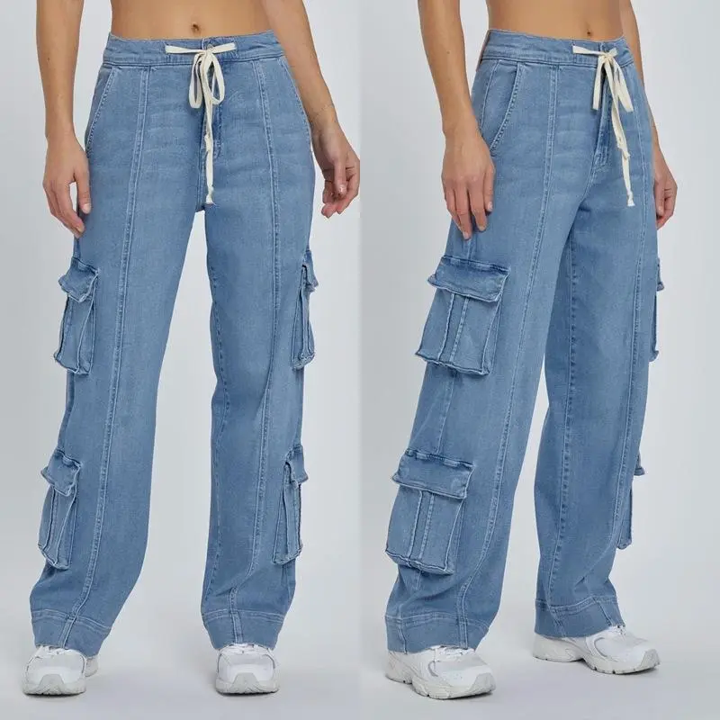Maomous Women's Baggy Wide-Leg Cotton Jeans with an Adjustable Lace-Up Waist and Multi-Pocket Design, Washed Blue, Oversize