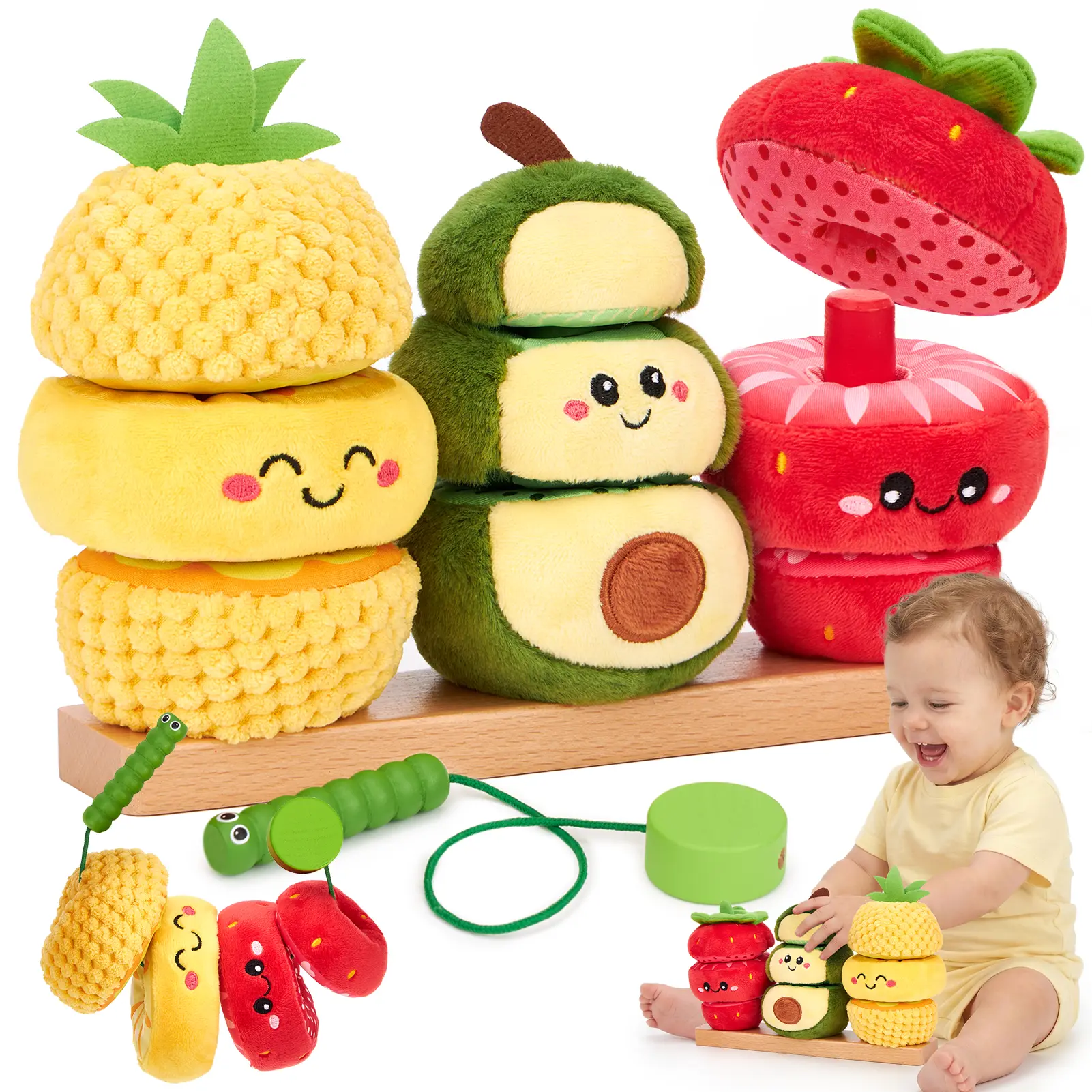 hahaland Plush Fruit Stacking Toy,Wooden Base Stacking & Threading Toy with Sensory Fruit Plush, Montessori Plush Toy for 1 Year Old, Educational Baby Gift for 12+ Months Old