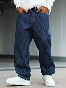American Retro Workwear Jeans, Vertical Stripes, Casual Fashion, Loose-Fit Straight Leg, Men's Wide-Leg Pants, All Seasons