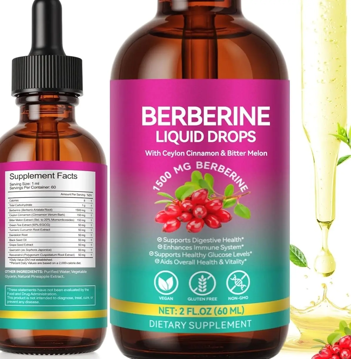 Berberine Supplement Liquid 60ml, Berberine with Ceylon Cinnamon, Berberine Drops with Turmeric Curcumin, Bitter Melon, Immune Support, Digestive Health Support