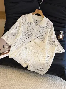 Women's Solid Hollow Out Sheer Loose Knit Sweater & Shorts Two-piece Set, Casual Button Up Top & Shorts for Summer, Ladies Clothes for Daily Wear