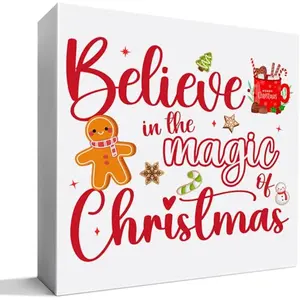 Christmas Gingerbread Sign, Believe in the Magic of Christmas Wood Sign Home Shelf Kitchen Decoration 5 x 5 Inches