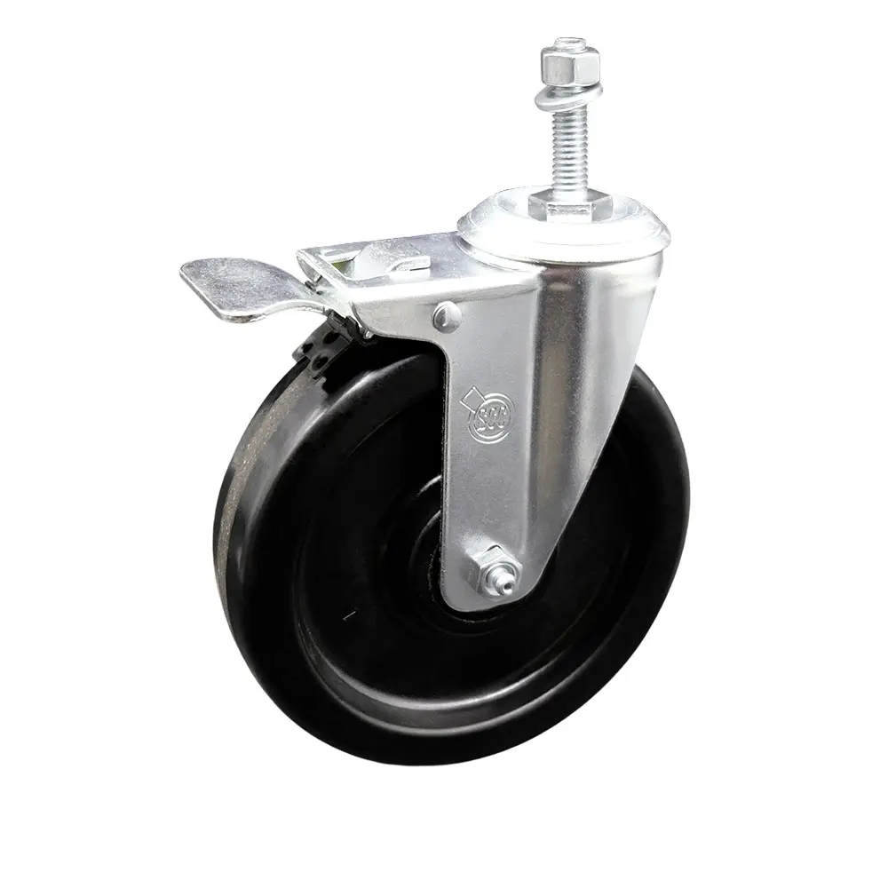 Service Caster SCC-TSTTL20S615-PHS-381615 Commercial Phenolic Swivel Standard Threaded Stem Caster, 6x1.5 in Black Wheel, 0.38 in Stem, Total Locking Brake, Ball Bearing Design, 300 lbs Capacity, High Impact Resistance, Floor Protection for Carts