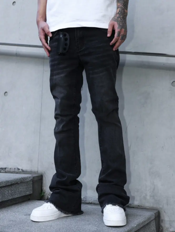 FH173 Men Streetwear Faded Washed Black Raw Hem Stacked Flare Denim Pants