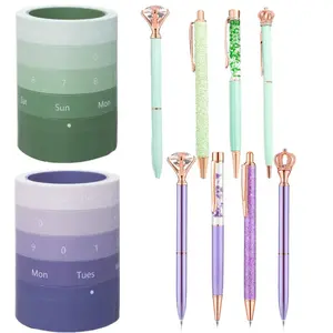10 pcs desktop stationery gift set - Including 2 pcs rotating perpetual calendar pen holder and 8 pcs ballpoint pens, suitable for office, home&school