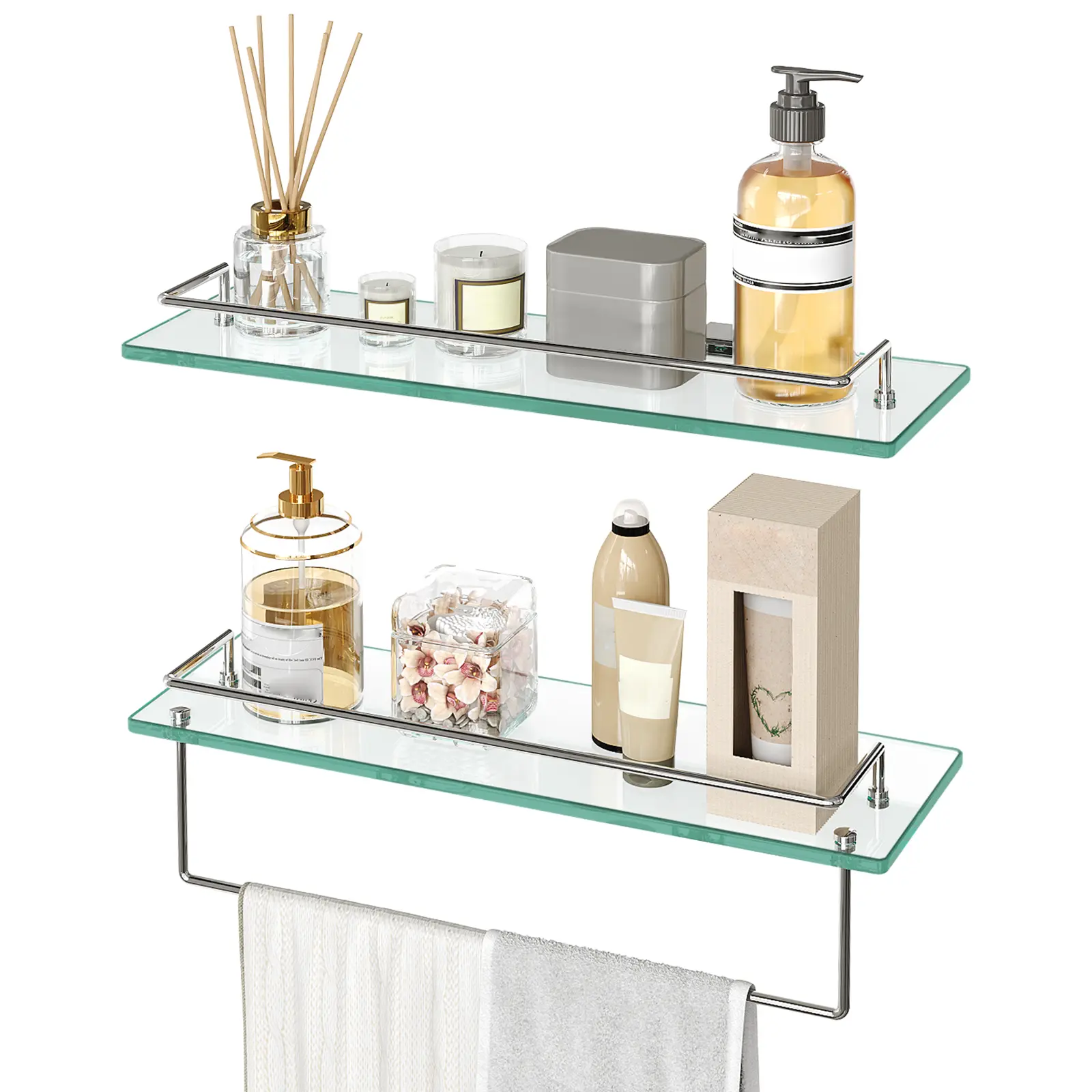 HOOBRO Glass Shelves for Bathroom, 15.7 Inch Floating Glass Shelf for Wall, Set of 2 Tempered Stainless Steel Wall Mounted Stand for Toilet, Room Decor, Silver #SummerVibes