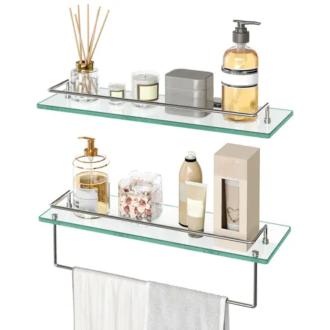 HOOBRO Glass Shelves for Bathroom, 15.7 Inch Floating Glass Shelf for Wall, Set of 2 Tempered Stainless Steel Wall Mounted Stand for Toilet, Room Decor, Silver