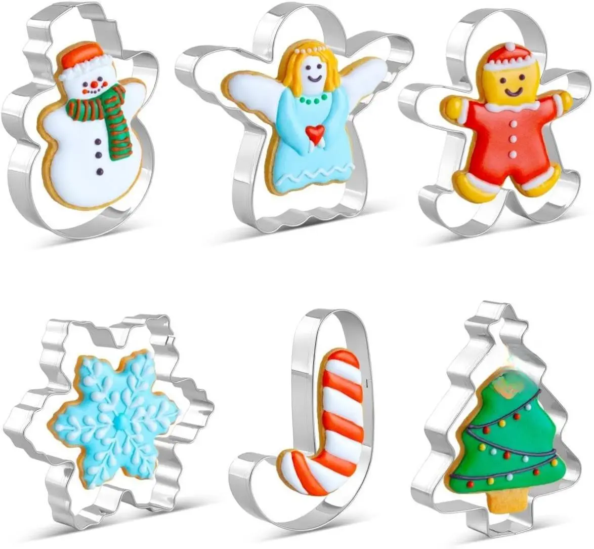 6 Pieces Stainless Steel Shapes for Gingerbread Man, Snowflake, Tree, Angel, Snowman, Candy Cane - Ideal for Holiday DIY Decorations