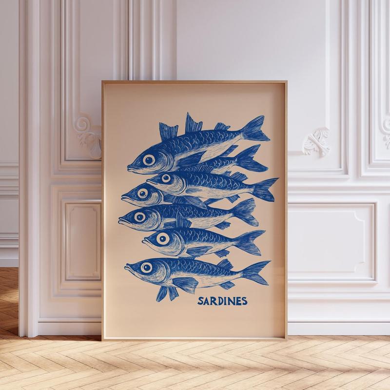 Blue Sardine Print | Blue Fish Print | Sardine Kitchen Print | Retro Sardines Wall Art | Seafood Coastal Kitchen Print | Sardine Art Print | Unframed – 5 Size, 8x12 to 27x40 inch
