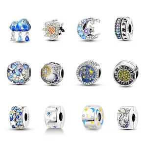 MULA Brilliant Celestial Beads by Mula - 925 Silver Platinum Plated Cosmic Charm with Sparkling Zirconia for DIY Starry Night Bracelet Gift - Galaxy