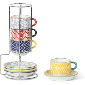 Ceramic Espresso Cups with Saucers and Metal Stand, 2.5 OZ Stackable Demitasse Cups for Espresso Latte Cafe Mocha , Set of 4, Assorted Colors